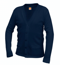 Load image into Gallery viewer, EMBLAZE NAVY V-NECK CARDIGAN SWEATER 5th and 6th GRADE with embroidered logo