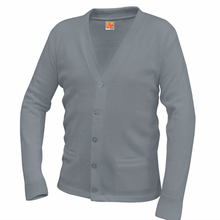 Load image into Gallery viewer, EMBLAZE GREY V-NECK CARDIGAN SWEATER 7th and 8th GRADE with embroidered logo