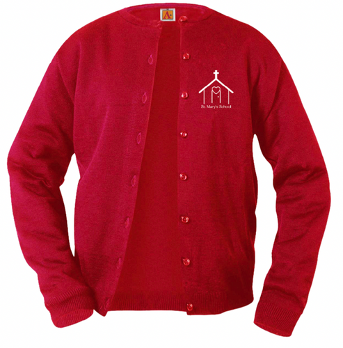 SMBS RED CREW NECK CARDIGAN SWEATER