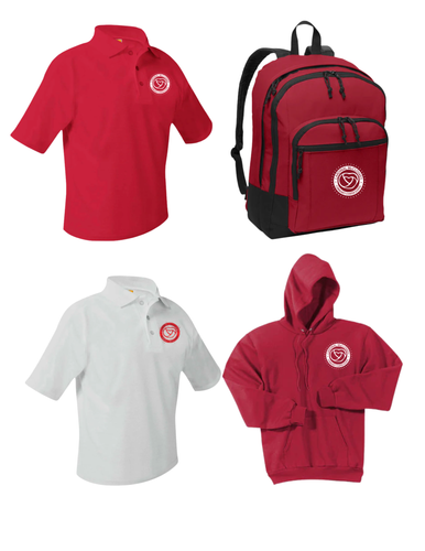 CMCCS SCHOOL PACKAGE- 1 white polo, 1 red polo, 1 hoodie, 1 backpack