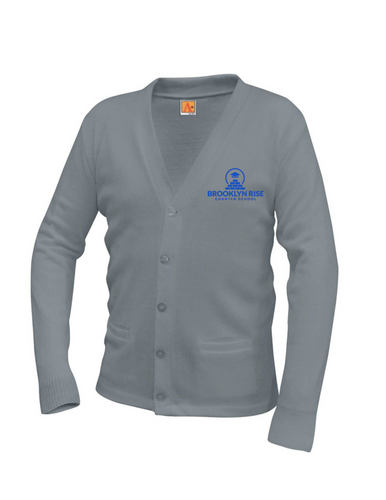 BROOKLYN RISE V-NECK GRAY CARDIGAN SWEATER W/ LOGO