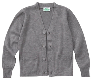 BROOKLYN RISE V-NECK GREY CARDIGAN SWEATER W/ LOGO