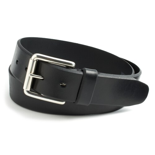 BLACK FAUX LEATHER BELT WITH NICKEL BUCKLE.