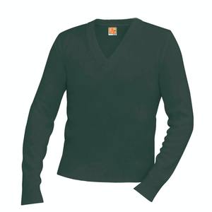 GREEN V-NECK PULLOVER SWEATER with school logo